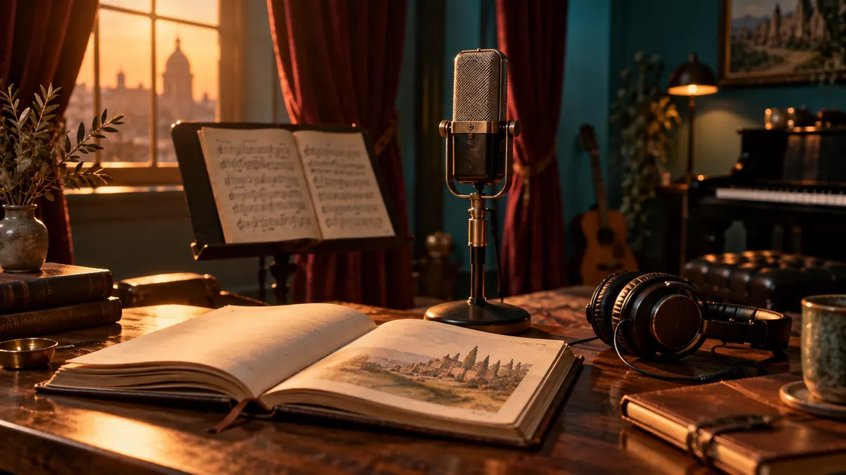 A recording studio at sunset with a ribbon microphone in front of an open storybook