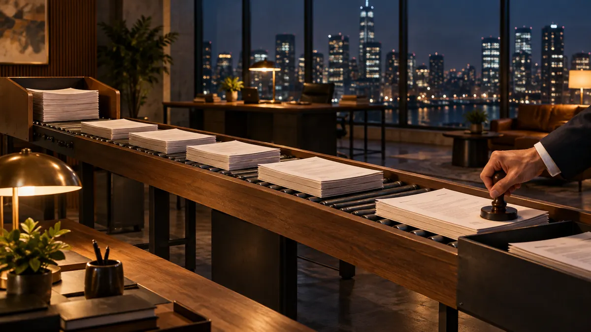A night office where stacks of documents travel along a long table to a hand stamping approval