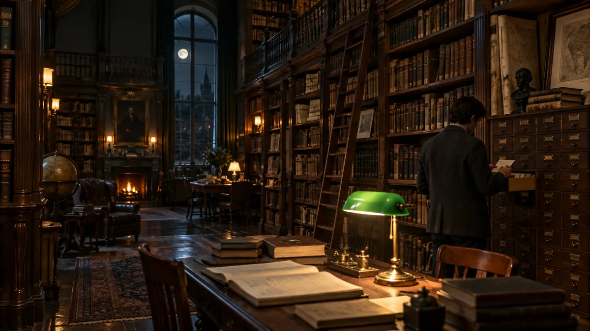 A private library with a card catalogue and a reading lamp