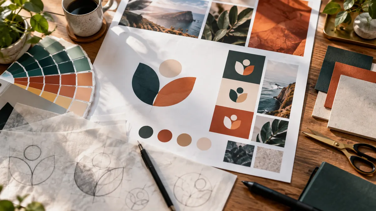 A designer's table with colour swatches and logo sketches