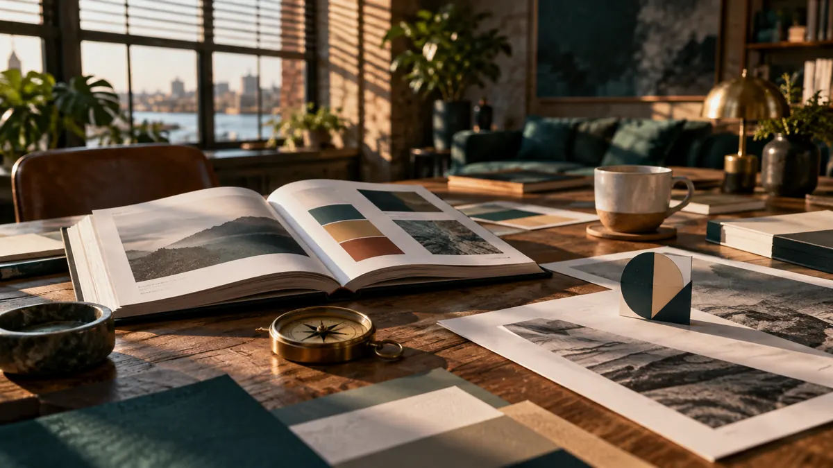 A strategist's table with an open brand book, a compass and colour chips