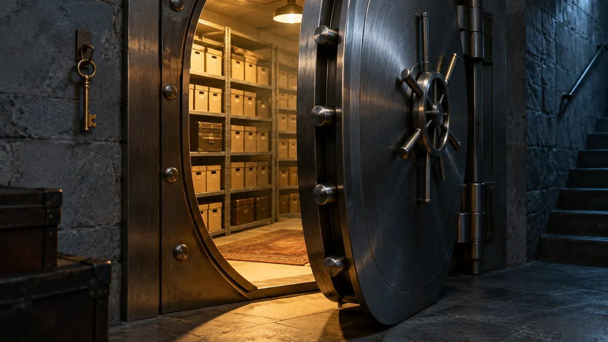 A slightly open vault door with neat archive boxes