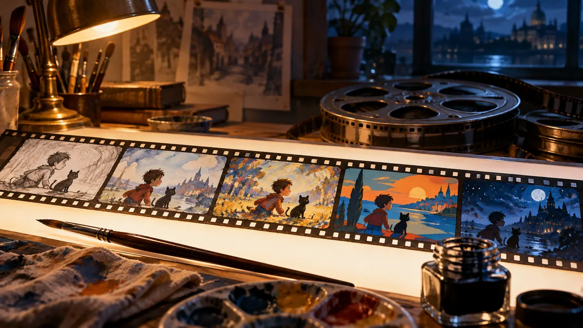 An animator's table with a strip of hand-painted film frames