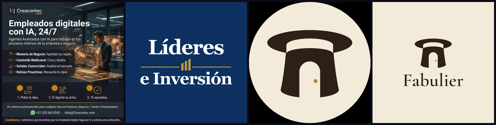 A Creacontec flyer and the logos of Líderes e Inversión and Fabulier