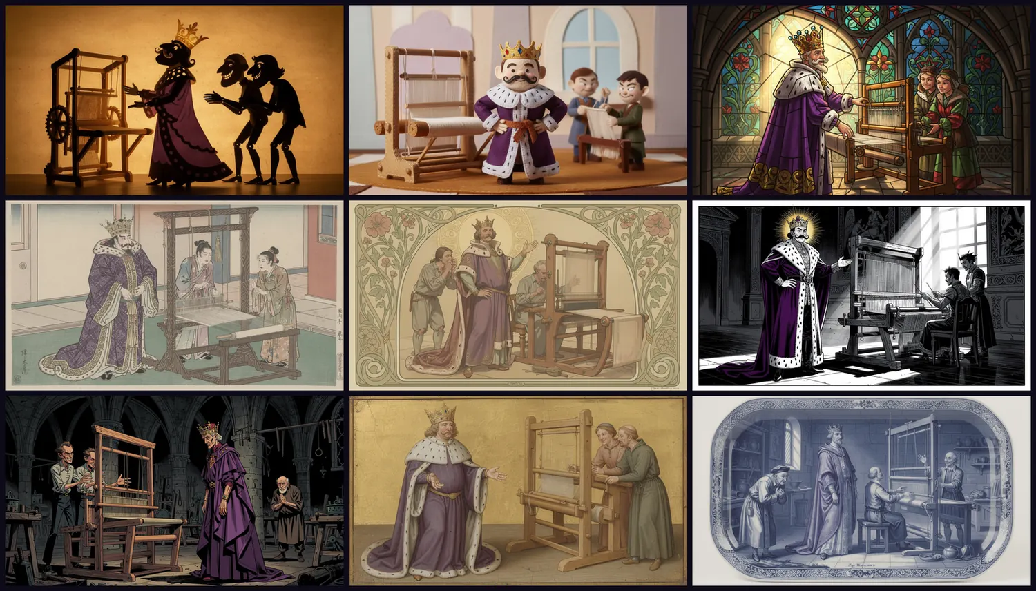 The same scene of a classic tale in nine different styles
