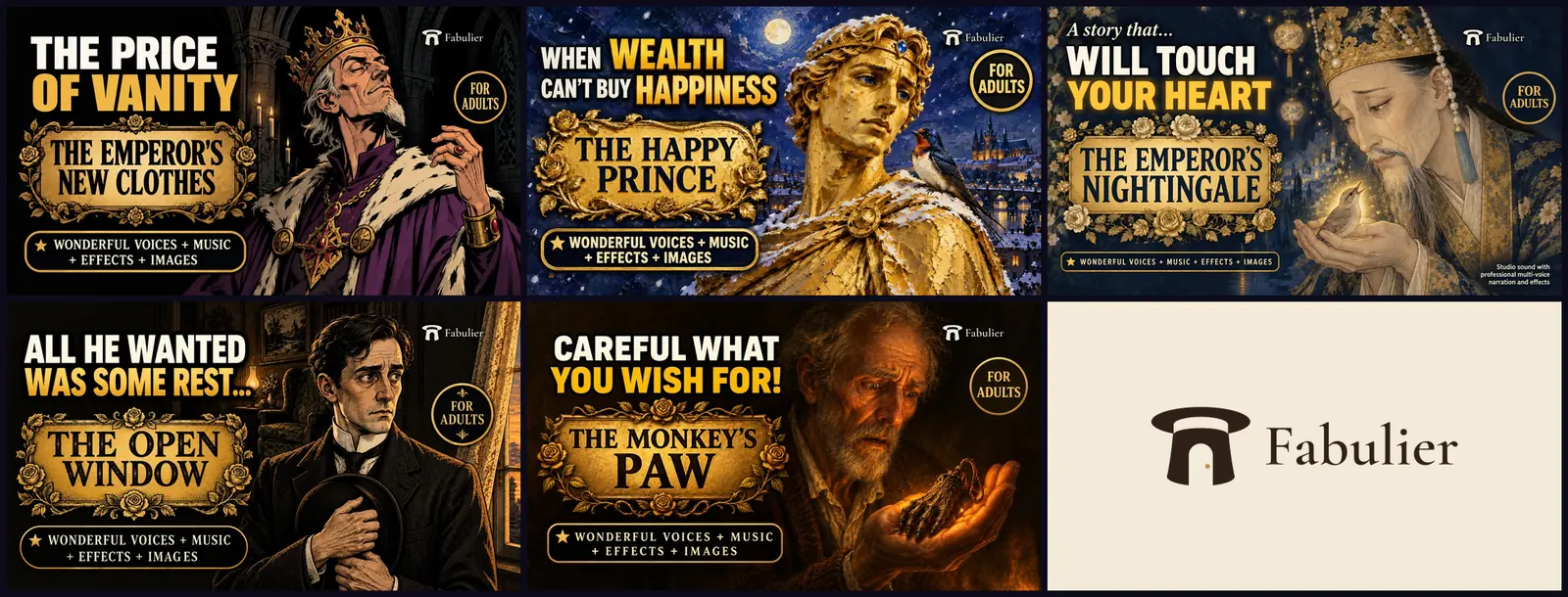Five thumbnails of classic Fabulier tales next to its logo