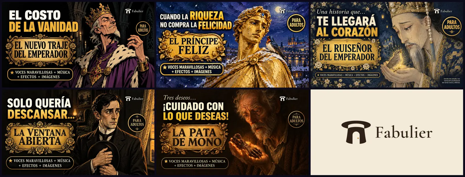 Cinco miniaturas de cuentos clásicos de Fabulier junto a su logotipo