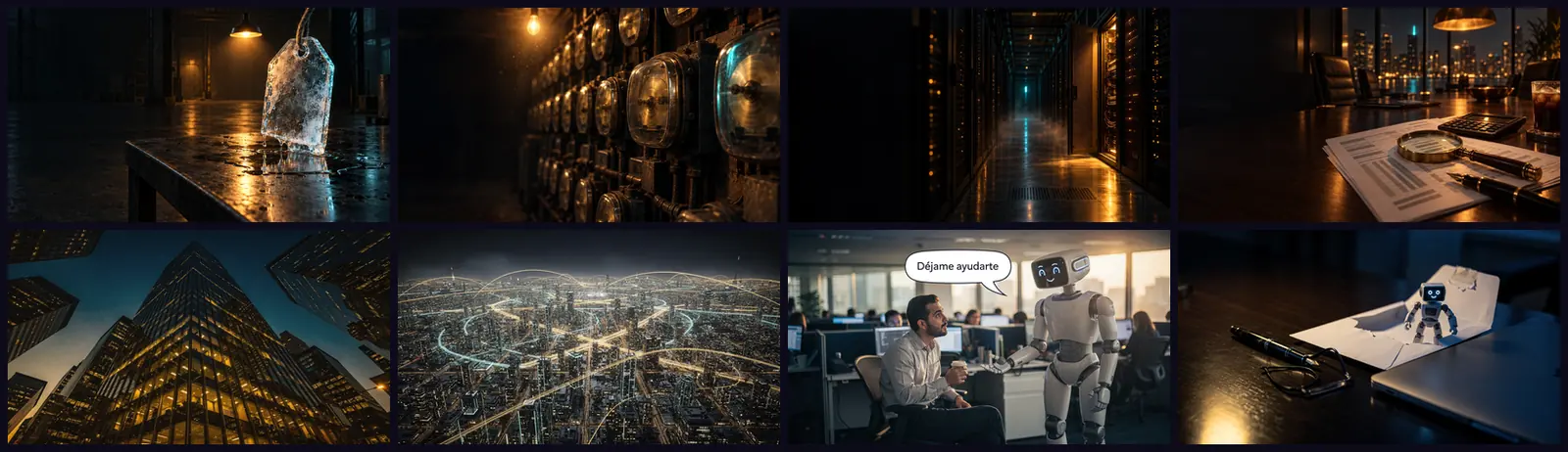 Eight cinematic scenes with no text: offices, data centers and skyscrapers
