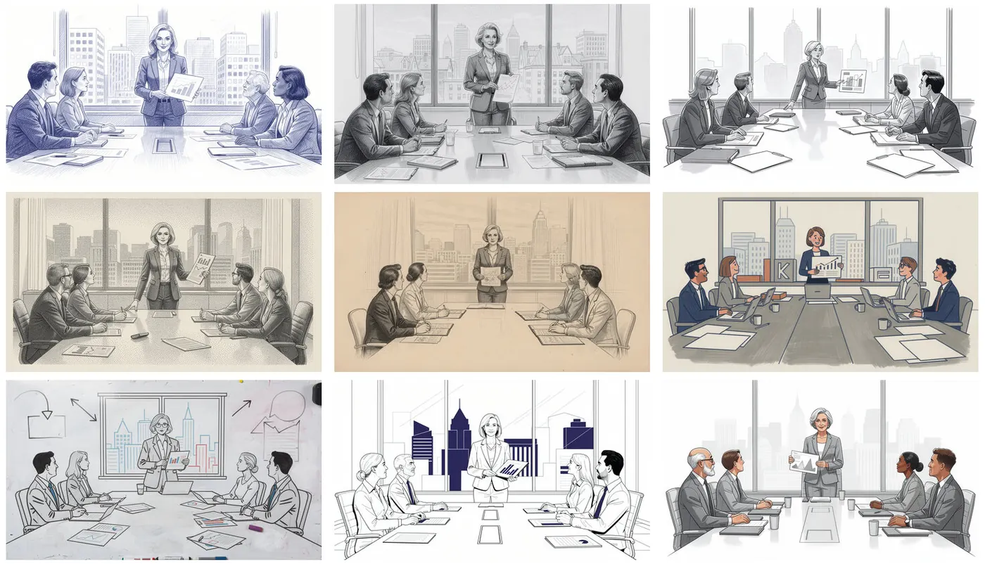 The same meeting drawn in nine corporate styles