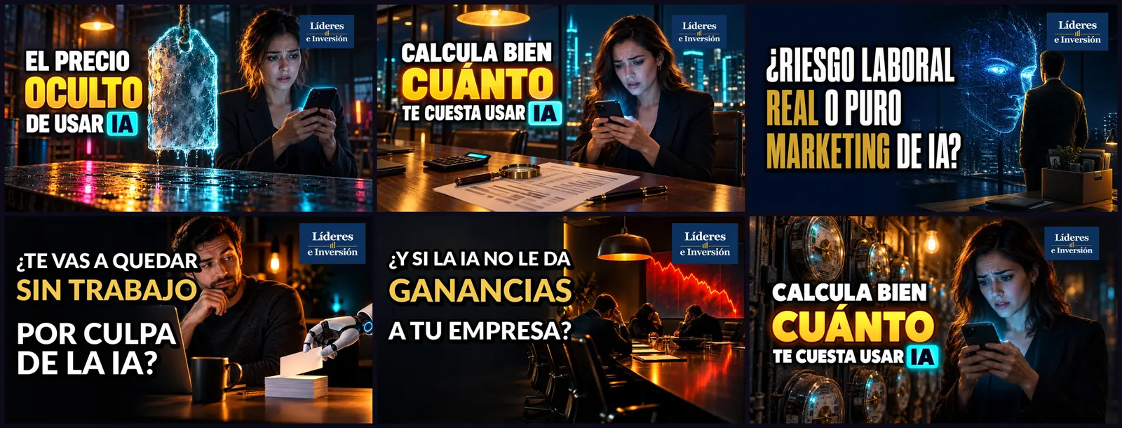 Six thumbnails from the Líderes e Inversión channel with big headlines in Spanish and cinematic scenes
