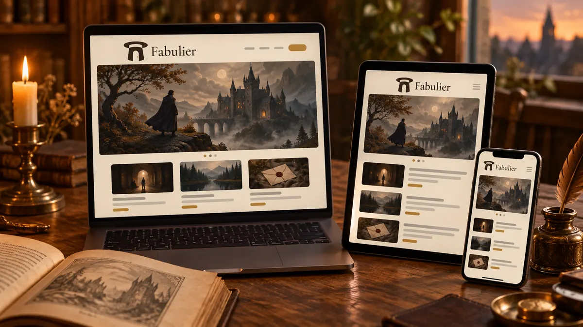 Mockup of the Fabulier site on a laptop, a tablet and a phone