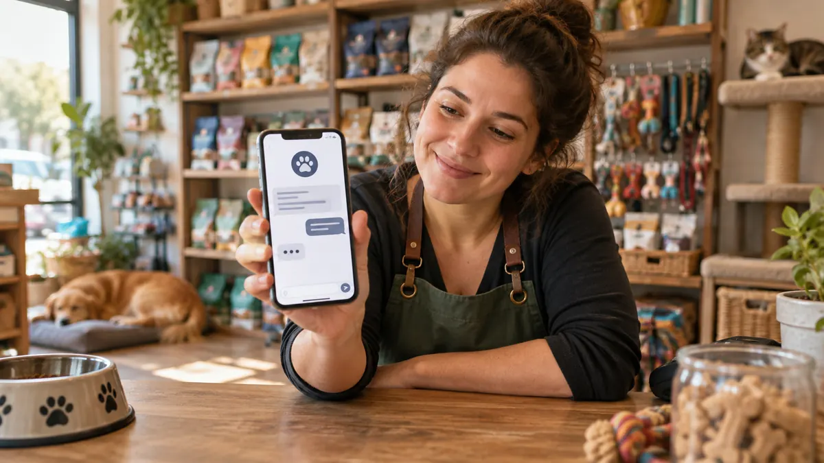 A pet-store owner showing the AI assistant on her phone